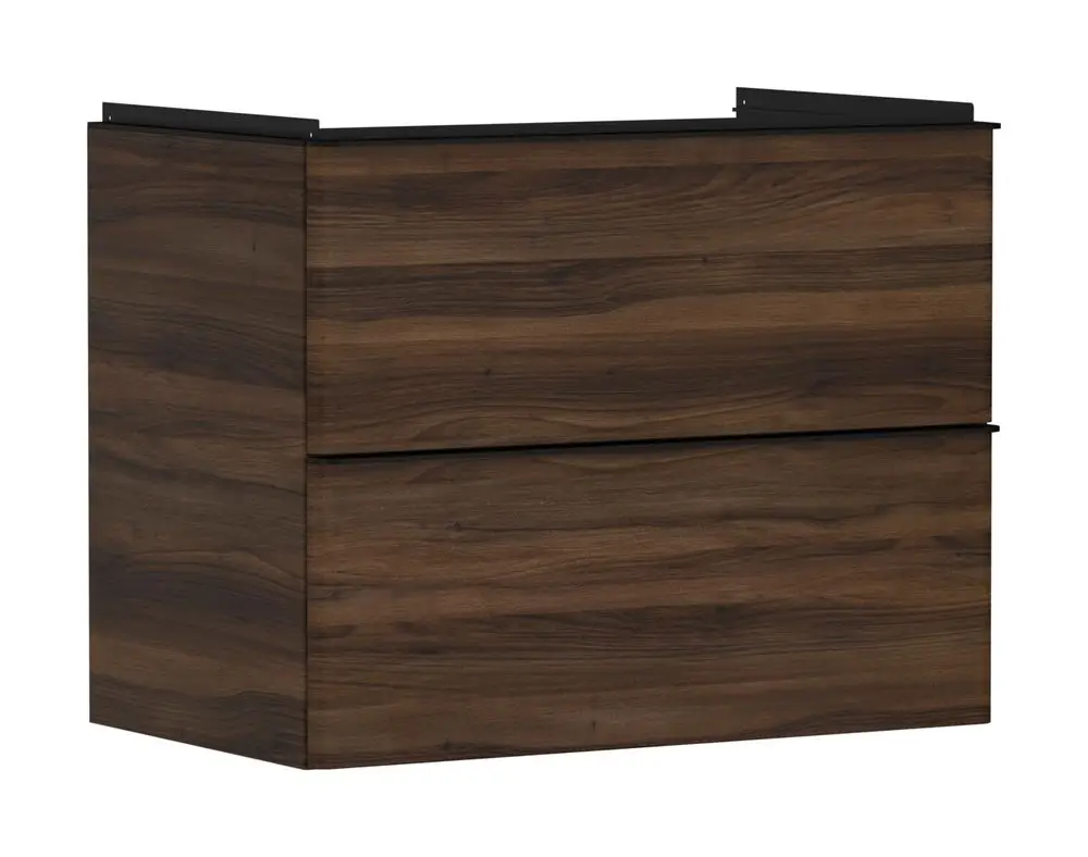 Waschtischunterschrank in dunkler Nussbaum-Optik mit zwei Schubkästen. Teil der Hansgrohe Xelu-Serie, geeignet für moderne Badezimmereinrichtungen.